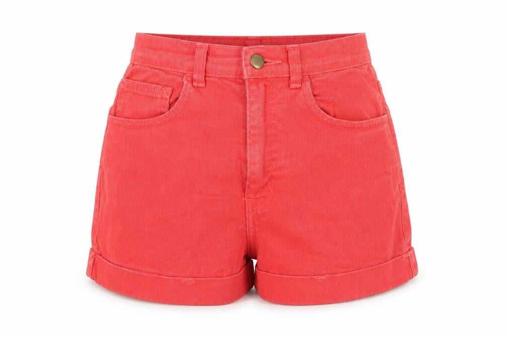 American Apparel Womens Red Denim High Waist Cuffed Shorts Size 6