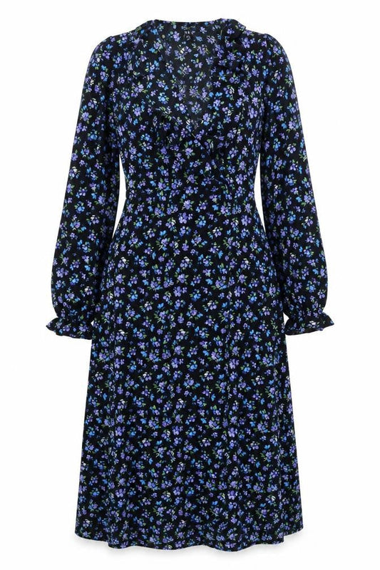 New Look Womens Black Floral Midi A-Line Dress UK 8 Long Sleeve