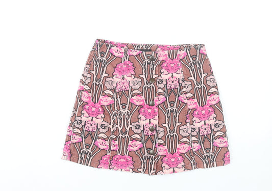 Topshop Women’s Brown Pink Floral Corduroy A-Line Skirt Size 8