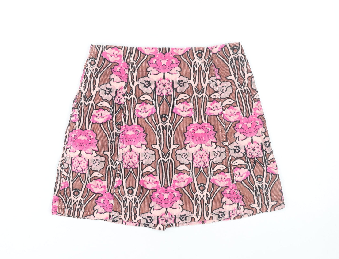 Topshop Women’s Brown Pink Floral Corduroy A-Line Skirt Size 8