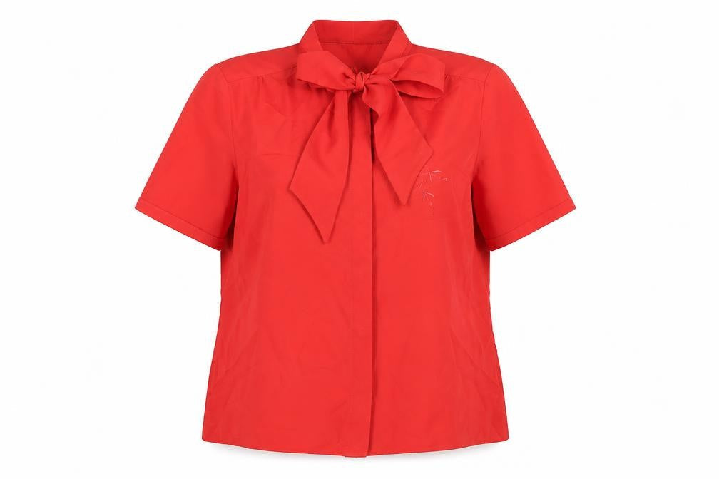 Canda Womens Red Short Sleeve Bow Neck Blouse Size 12 Polyester Classic
