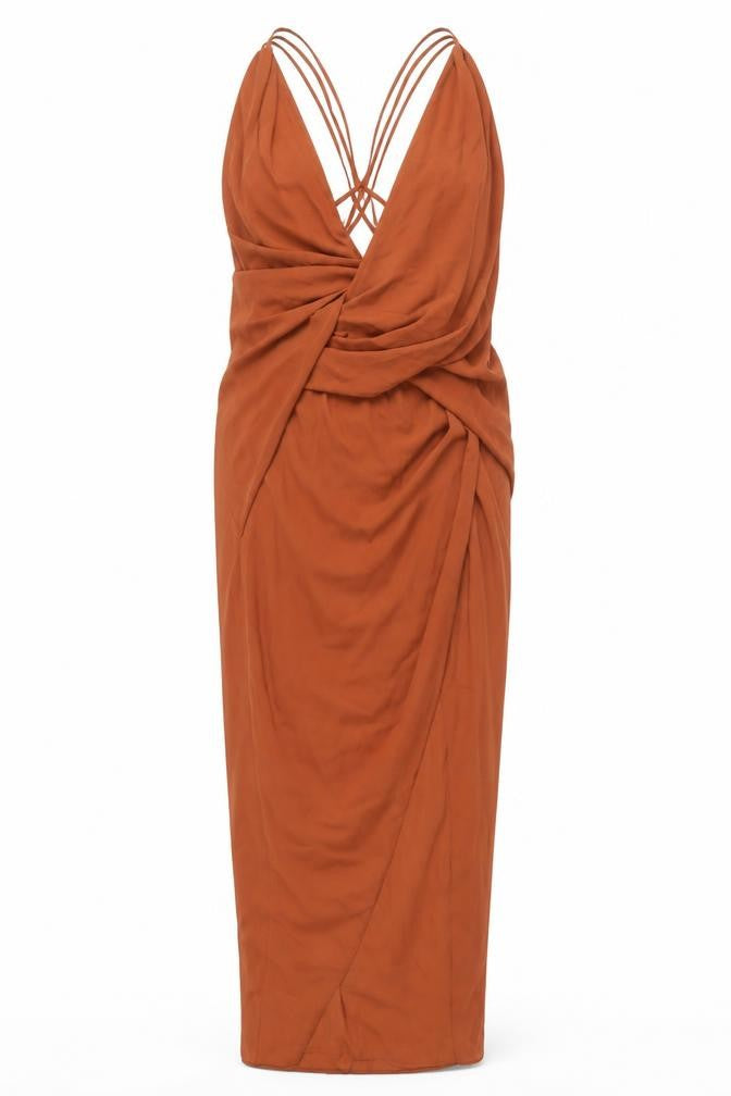 Front view of ASOS DESIGN Women Brown, size 8, Midi Bodycon Strappy V-Neck Dress