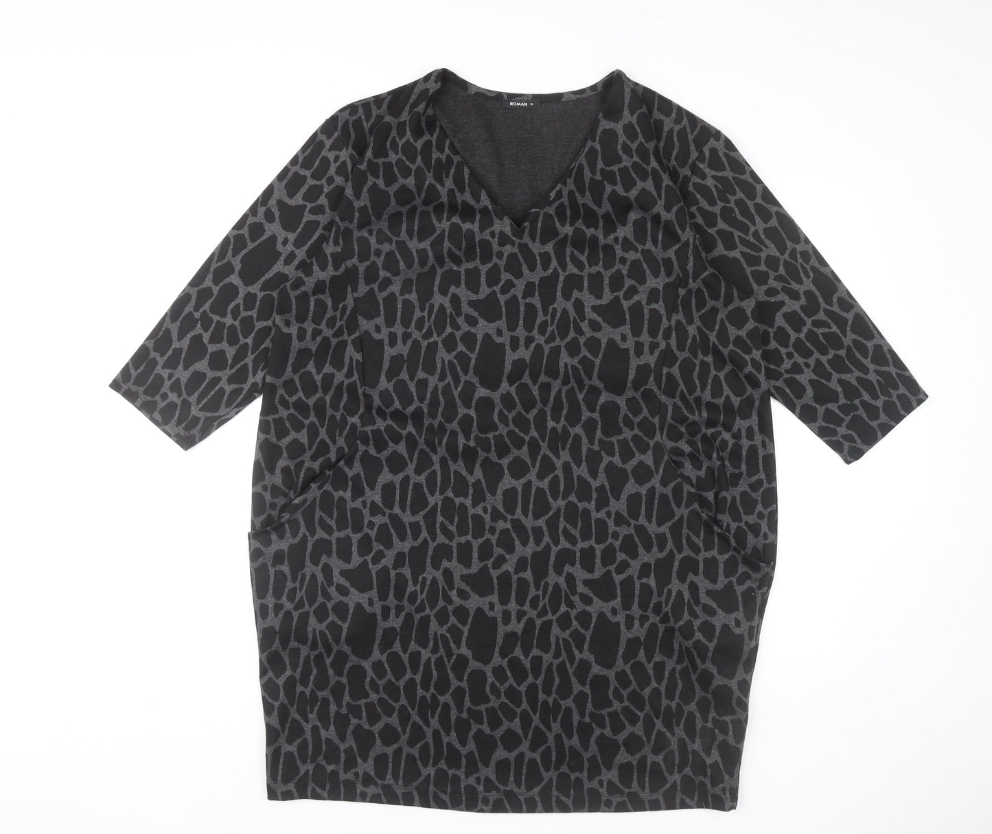 Roman Women’s Black Animal Print Shift Dress Size 16 V-Neck