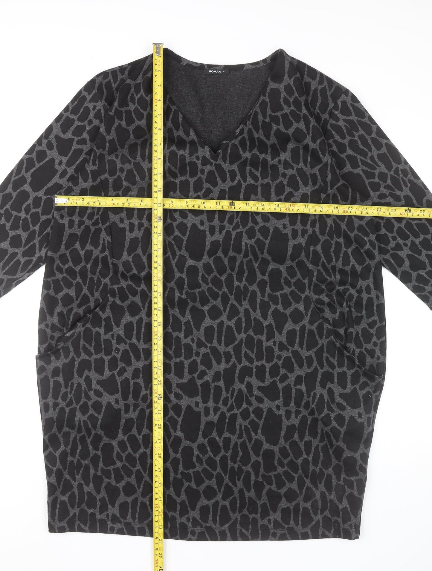 Roman Women’s Black Animal Print Shift Dress Size 16 V-Neck