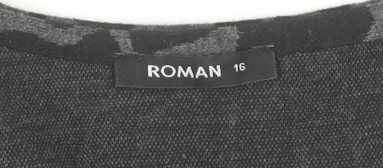 Roman Women’s Black Animal Print Shift Dress Size 16 V-Neck