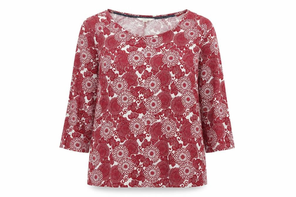 White Stuff Womens Red Floral Linen Blouse UK 10 Scoop Neck 3/4 Sleeve