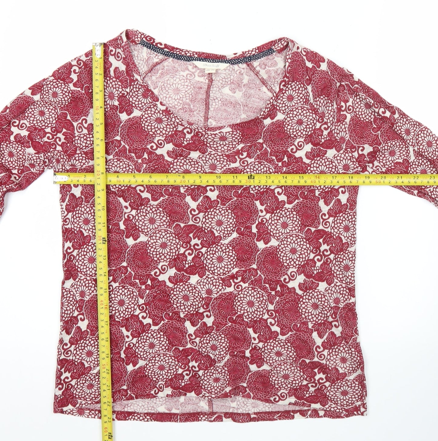 White Stuff Womens Red Floral Linen Blouse UK 10 Scoop Neck 3/4 Sleeve