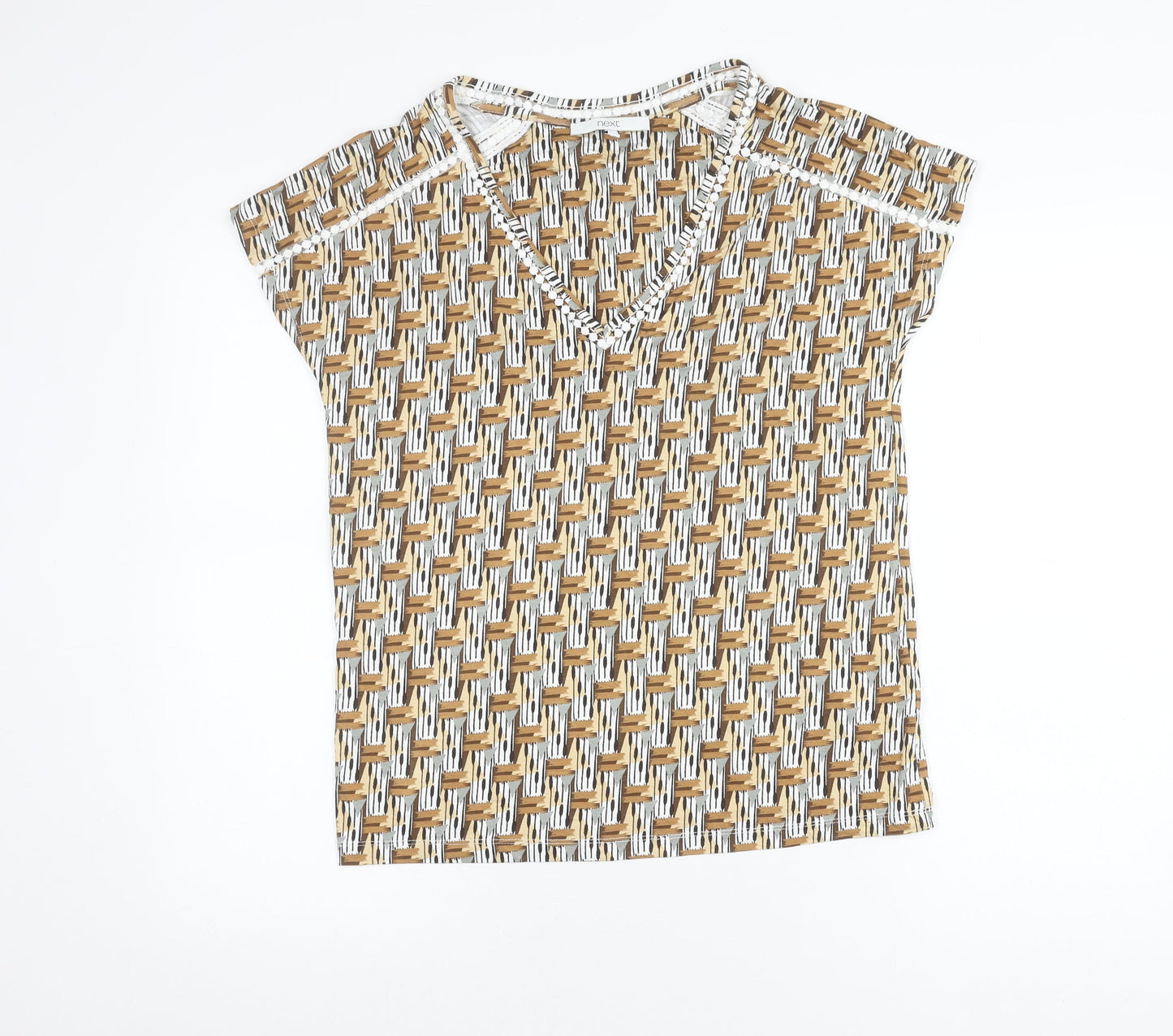 Next Women’s Brown Geometric V-Neck Short Sleeve T-Shirt UK 6