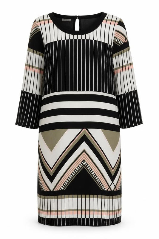 Fransa Womens XS Black White Shift Dress Geometric Print 3/4 Sleeve