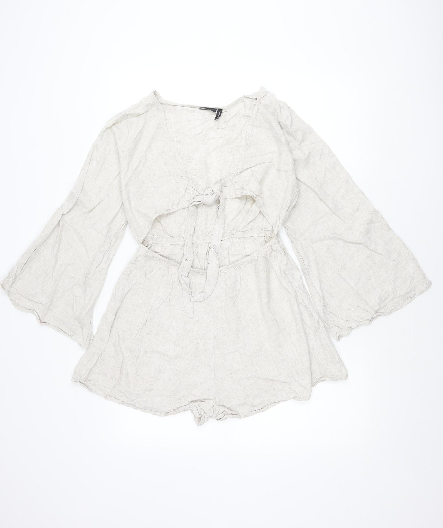 ASOS DESIGN Women’s Beige Linen Blend Playsuit Size 10 V-Neck Long Sleeve