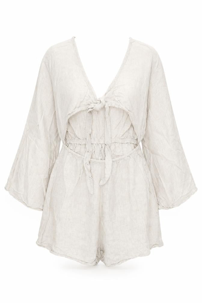 Front view of ASOS DESIGN Women’s Beige Linen Blend Playsuit, size UK 10, V-Neck Long Sleeve