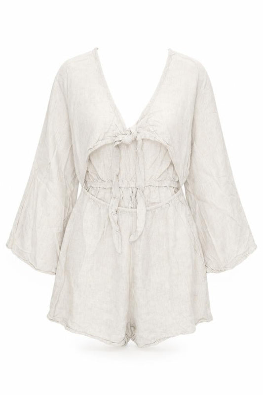 ASOS DESIGN Women’s Beige Linen Blend Playsuit Size 10 V-Neck Long Sleeve