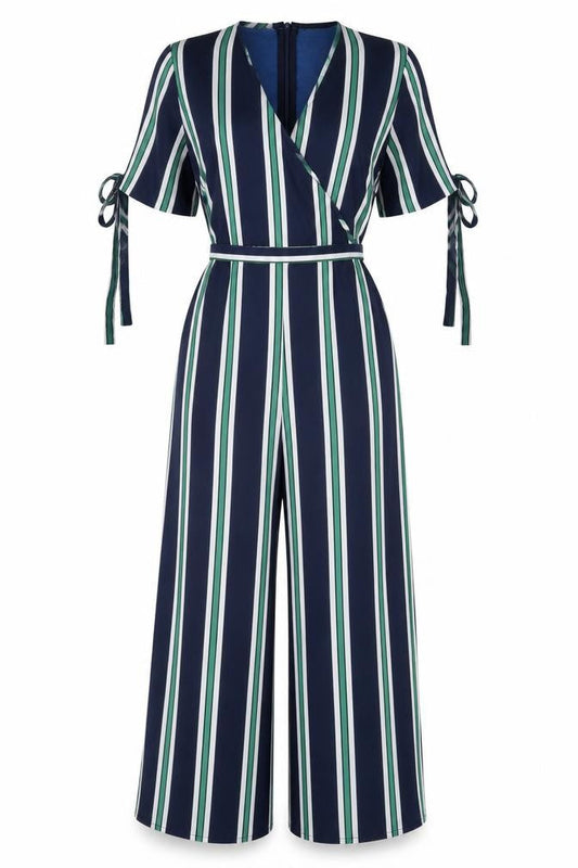 QED London Women’s Multicoloured Stripe Jumpsuit UK 8 Wide-Leg V-Neck