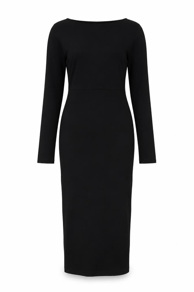 Front view of ASOS Women’s Black Bodycon Midi Dress, size UK 8-10, Long Sleeve
