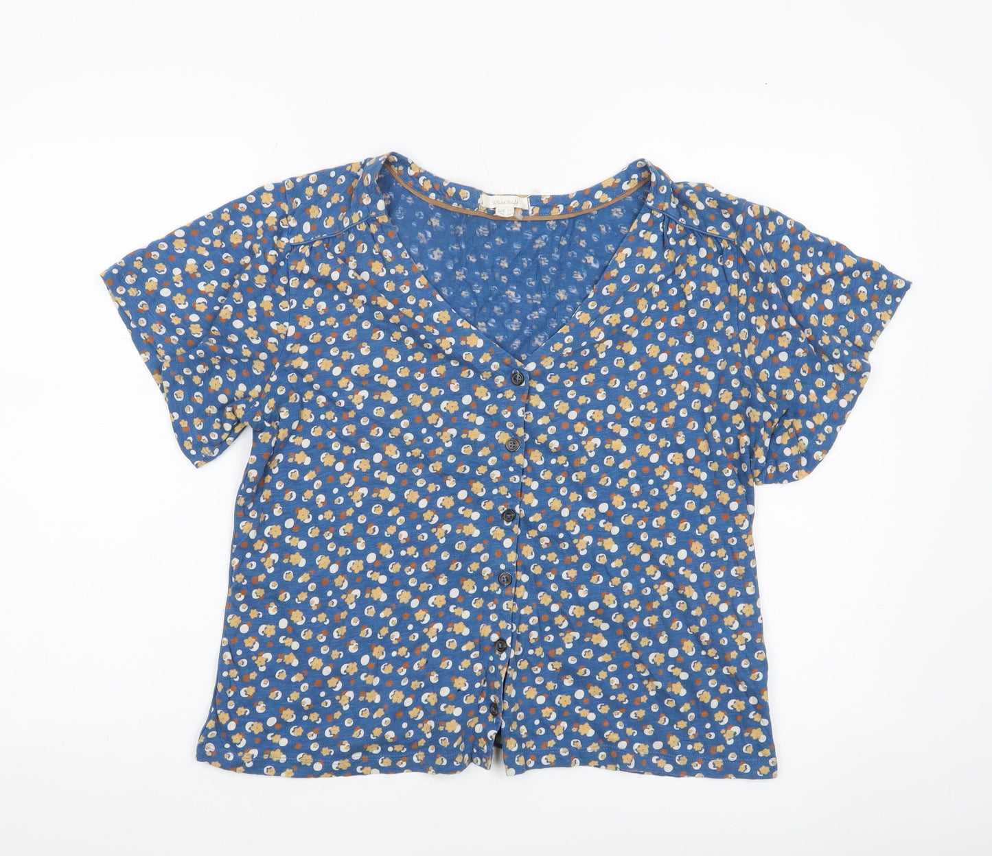 White Stuff Womens Blue Floral Cotton Blouse Size 10 V-Neck Short Sleeve