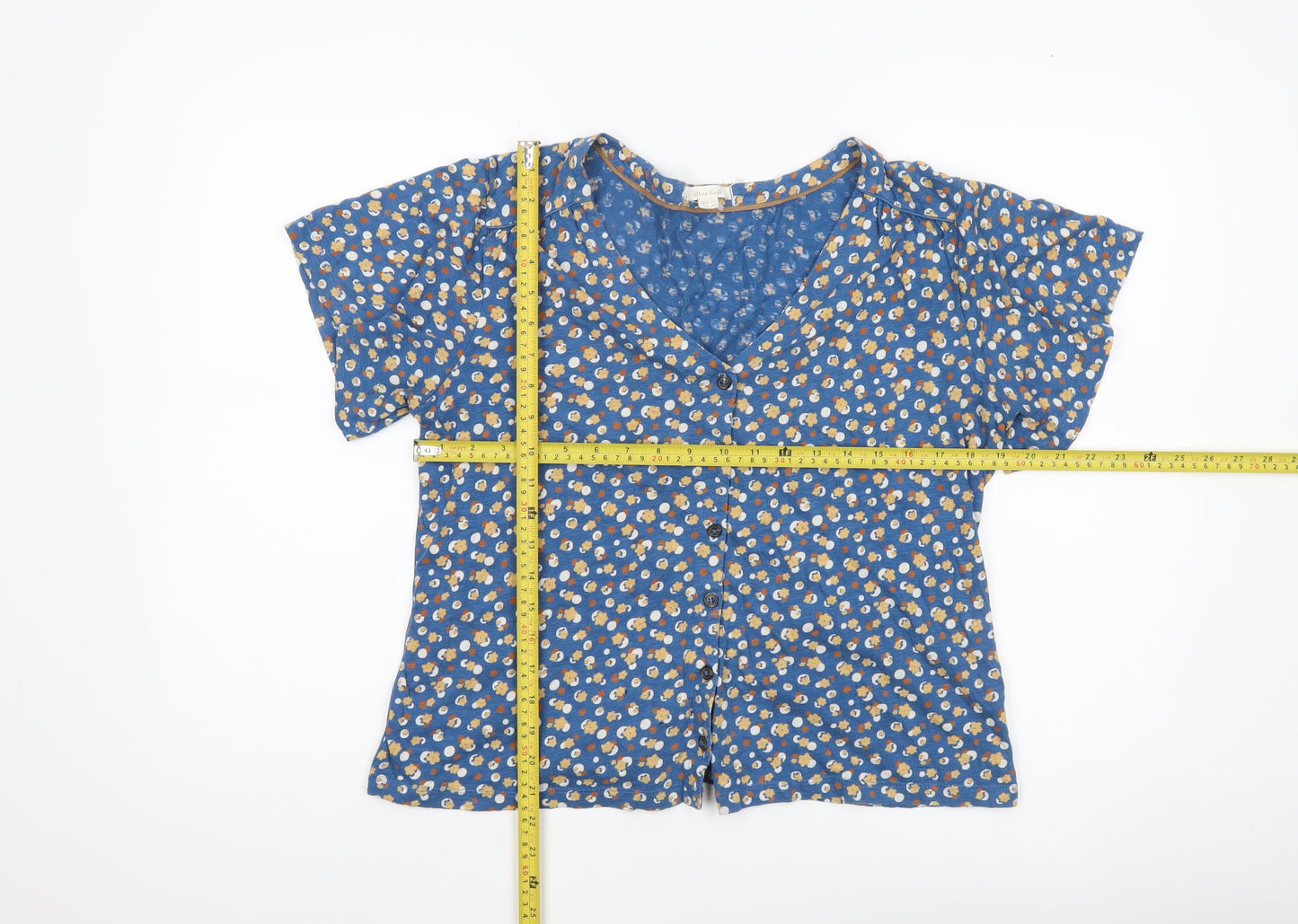 White Stuff Womens Blue Floral Cotton Blouse Size 10 V-Neck Short Sleeve