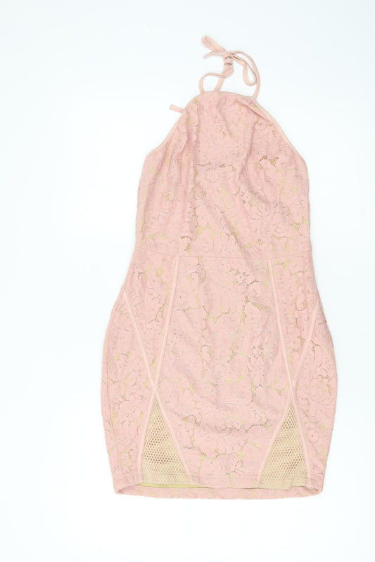 PrettyLittleThing Women Pink Lace Halter Bodycon Dress Size 10