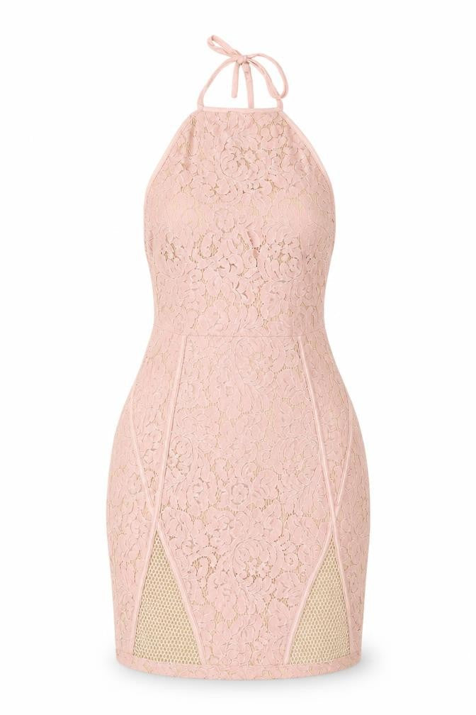 PRETTYLITTLETHING Women Pink Lace Halter Bodycon Dress Size 10