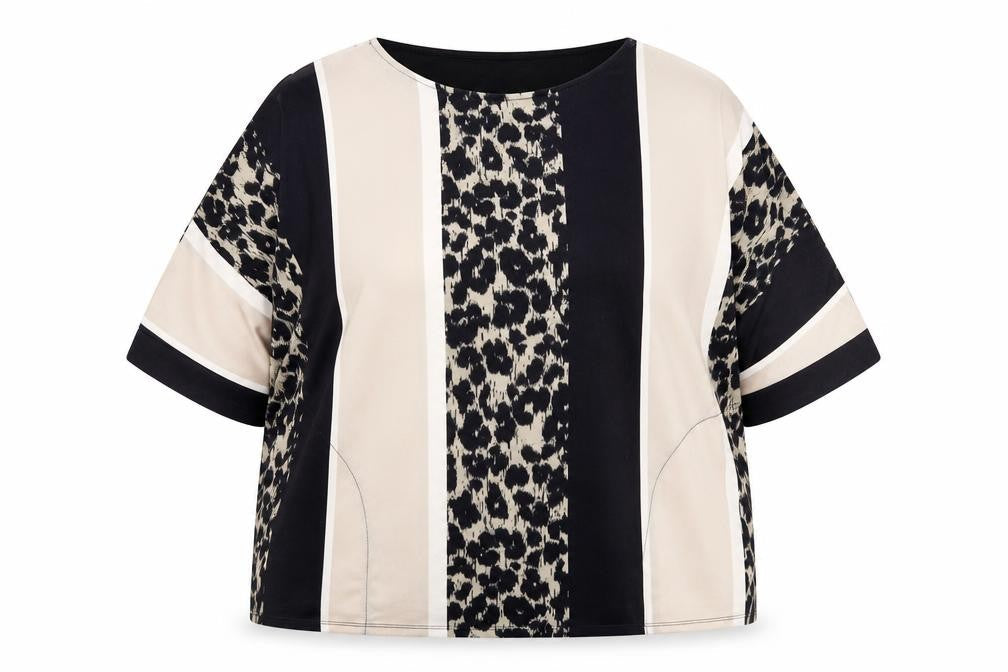 Bonmarché Women’s Black Beige Animal Stripe Tunic Blouse Size 18