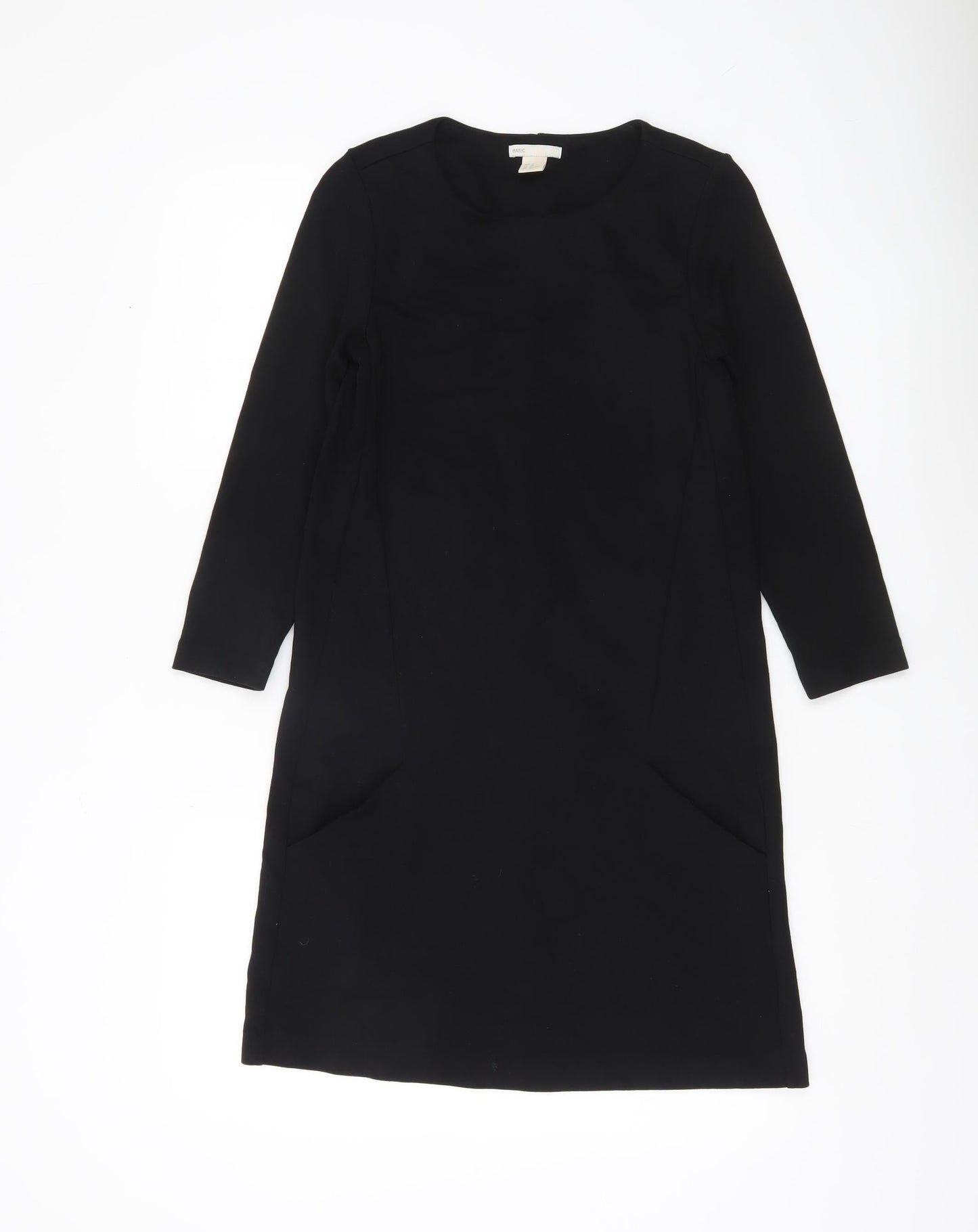 H&M Women Black XS Shift Dress Long Sleeve Round Neck