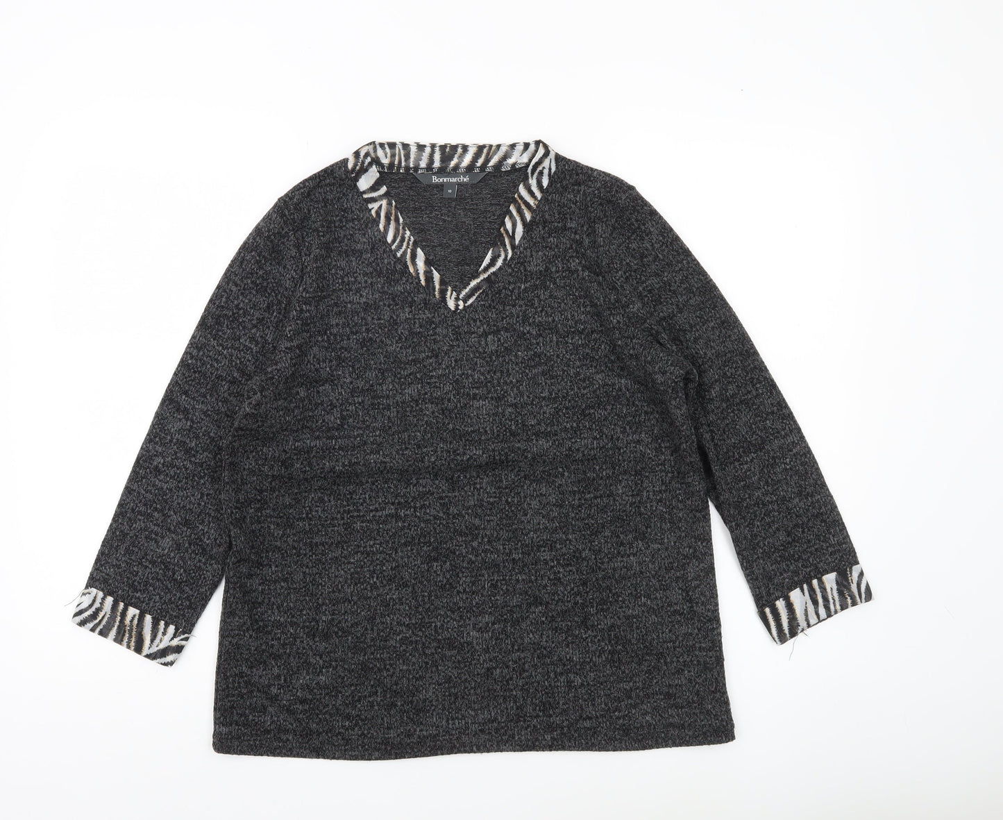 Bonmarché Womens Grey V-Neck Animal Trim Pullover Jumper Size 10