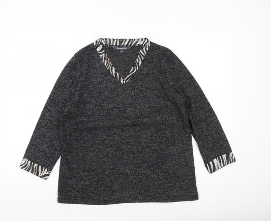 Bonmarché Womens Grey V-Neck Animal Trim Pullover Jumper Size 10