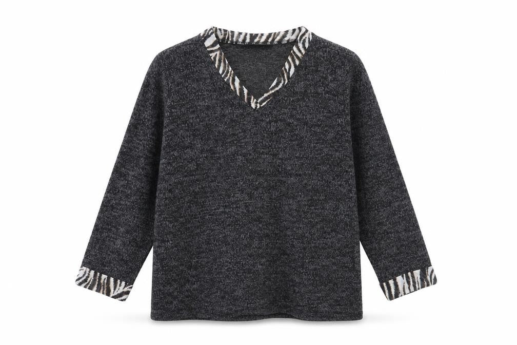 Bonmarché Womens Grey V-Neck Animal Trim Pullover Jumper Size 10