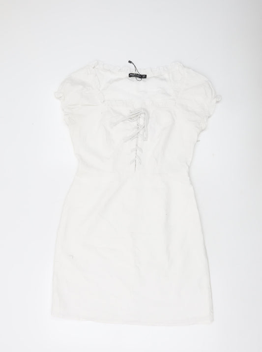 Nasty Gal Women White Size 10 Mini Puff Sleeve Cotton Summer Dress