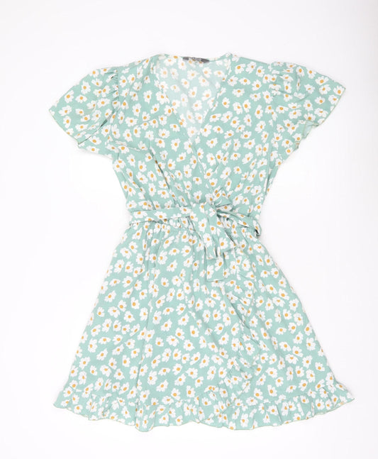 Fluid Women’s Green Floral Short Wrap Dress Size M