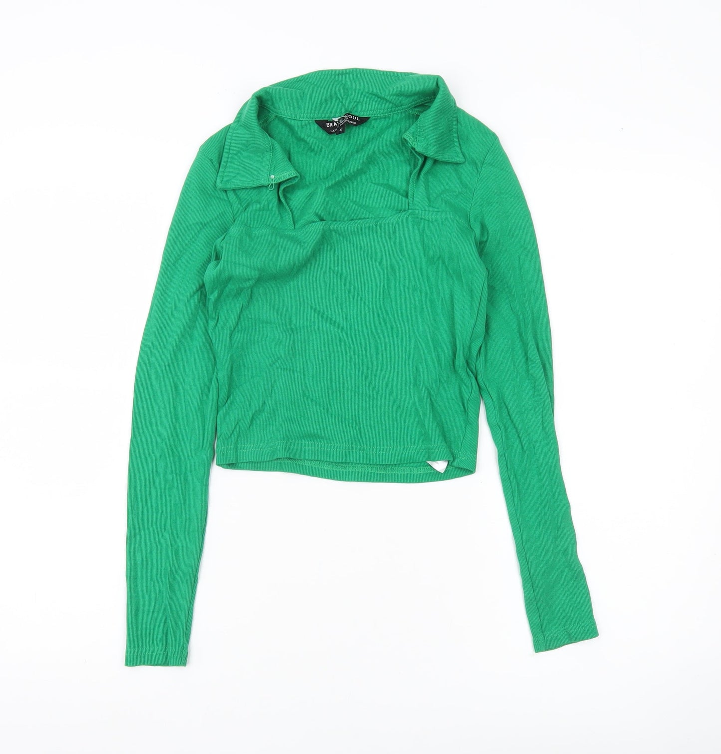 Brave Soul Women’s Green Collared Cropped Long Sleeve T-Shirt Size S