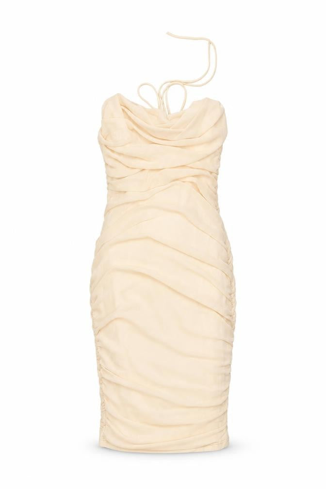 Oh Polly Women’s Beige Size 8 Bodycon Ruched Halter Mini Dress