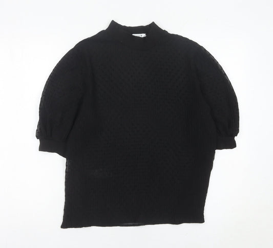 Zara Women Black M Tunic Blouse Mock Neck Puff Sleeve