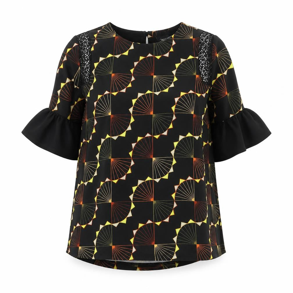 Next Womens Black Geometric Blouse UK 12 Flared Sleeve Tunic Top
