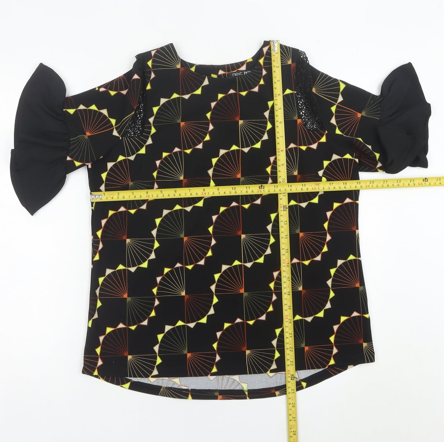 Next Womens Black Geometric Blouse UK 12 Flared Sleeve Tunic Top