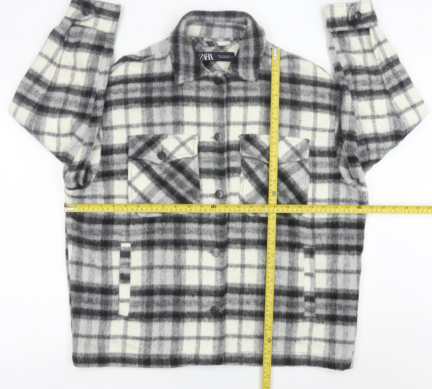 Zara Women Grey Plaid Wool Blend Shirt Jacket Size 12