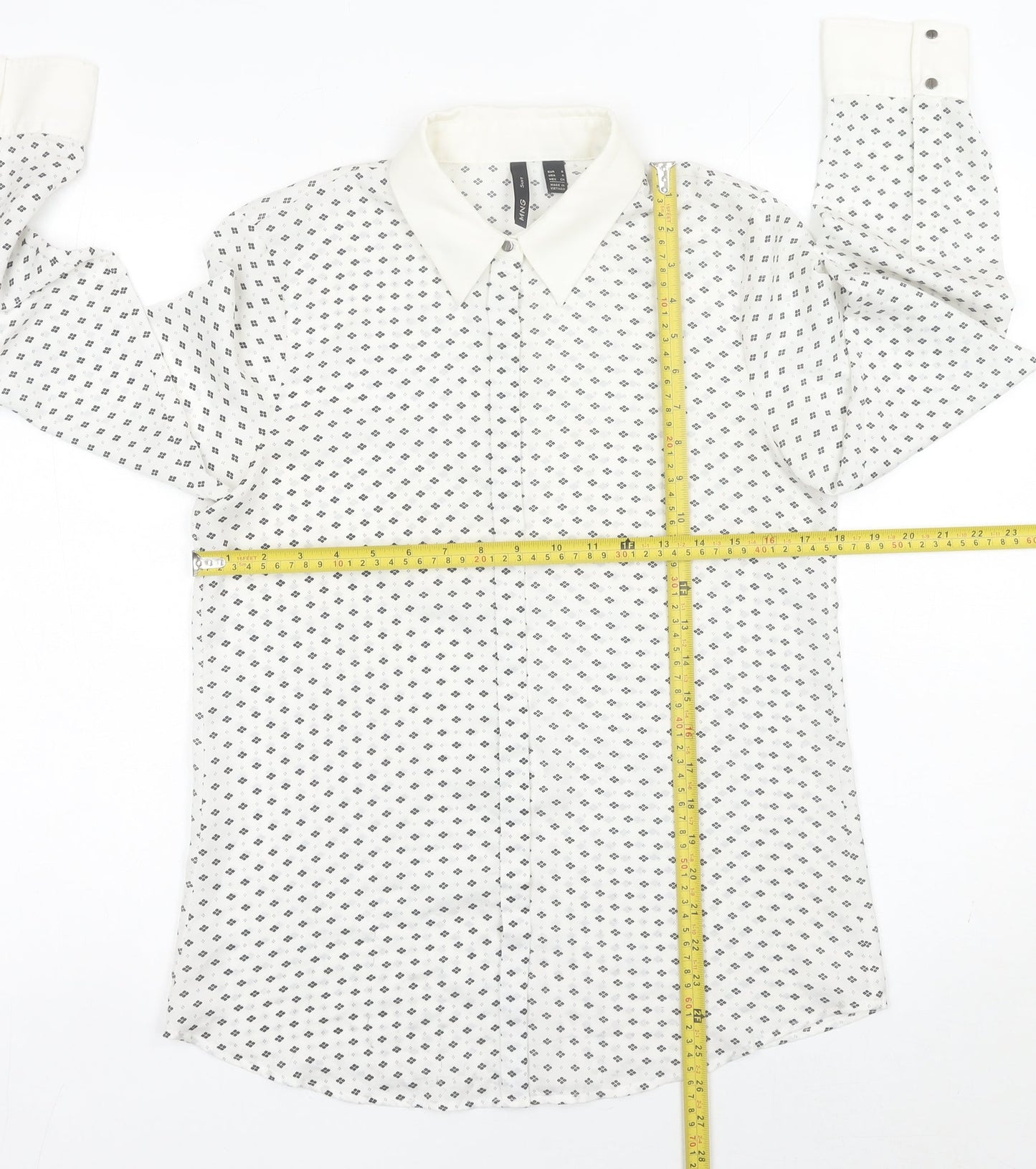MNG Women’s White Geometric Button-Up Shirt Size 8 Long Sleeve
