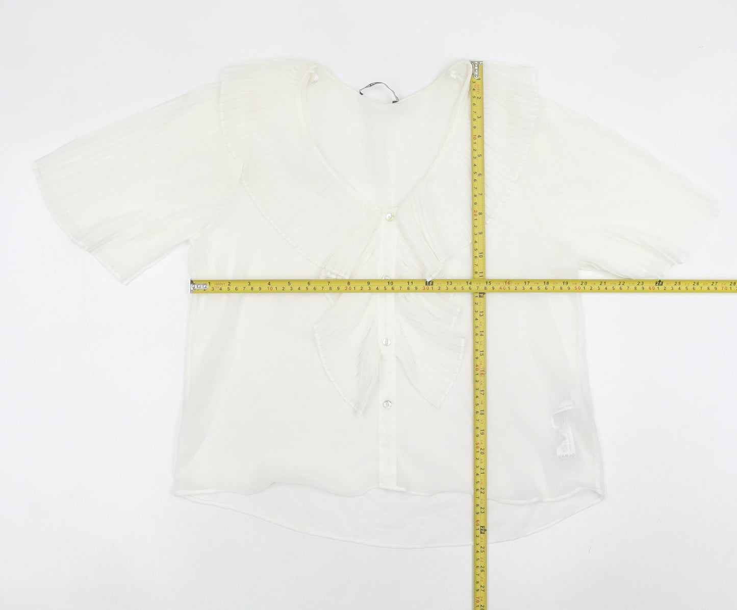 Zara Womens White Ruffle Blouse Size M Short Sleeve Tunic Style
