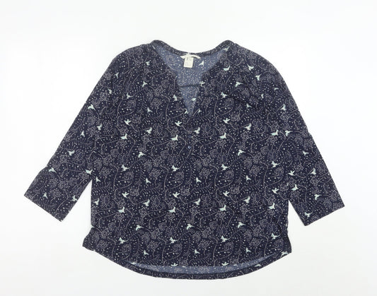 H&M Womens Blue Bird Print Tunic Blouse Size 12 V-Neck 3/4 Sleeve
