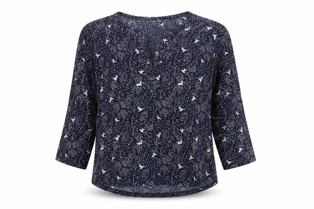 H&M Womens Blue Bird Print Tunic Blouse Size 12 V-Neck 3/4 Sleeve