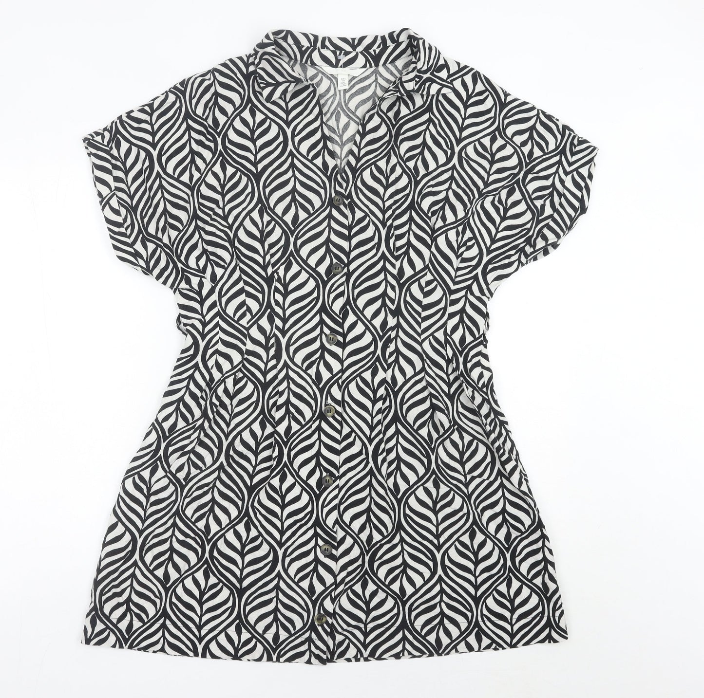 H&M Women Black Short Sleeve Shirt Dress Size 8 Cotton Casual