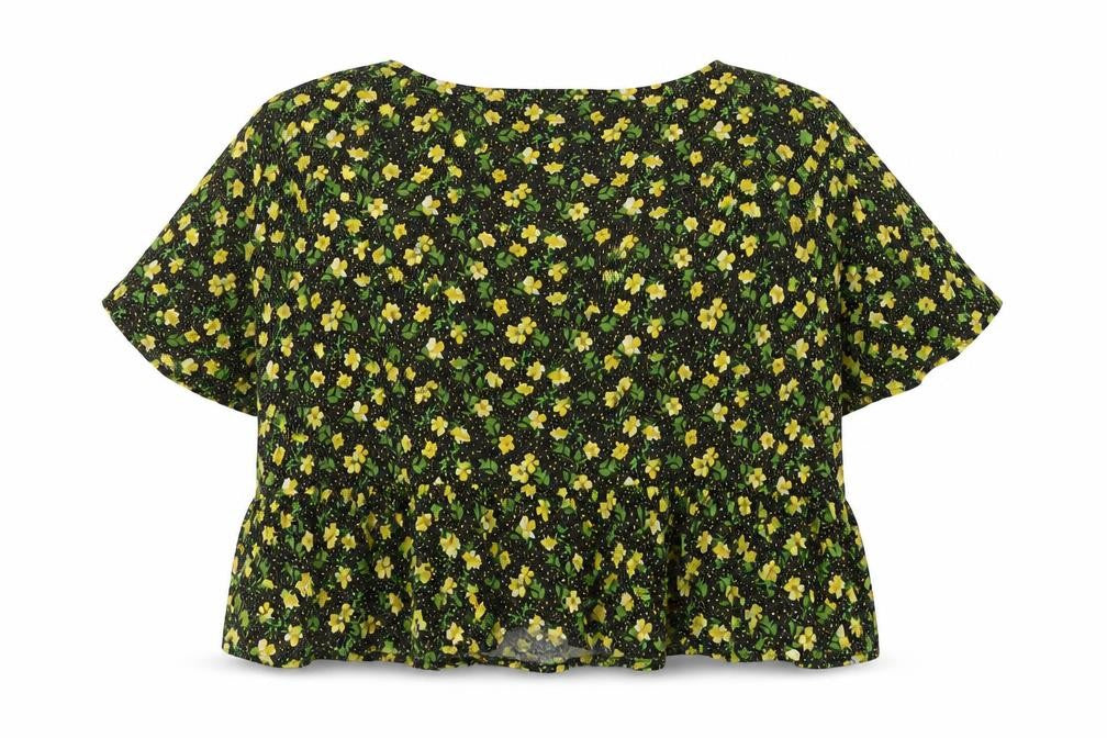 Front view of ASOS Women’s Black Floral Viscose Cropped Blouse, size UK 18