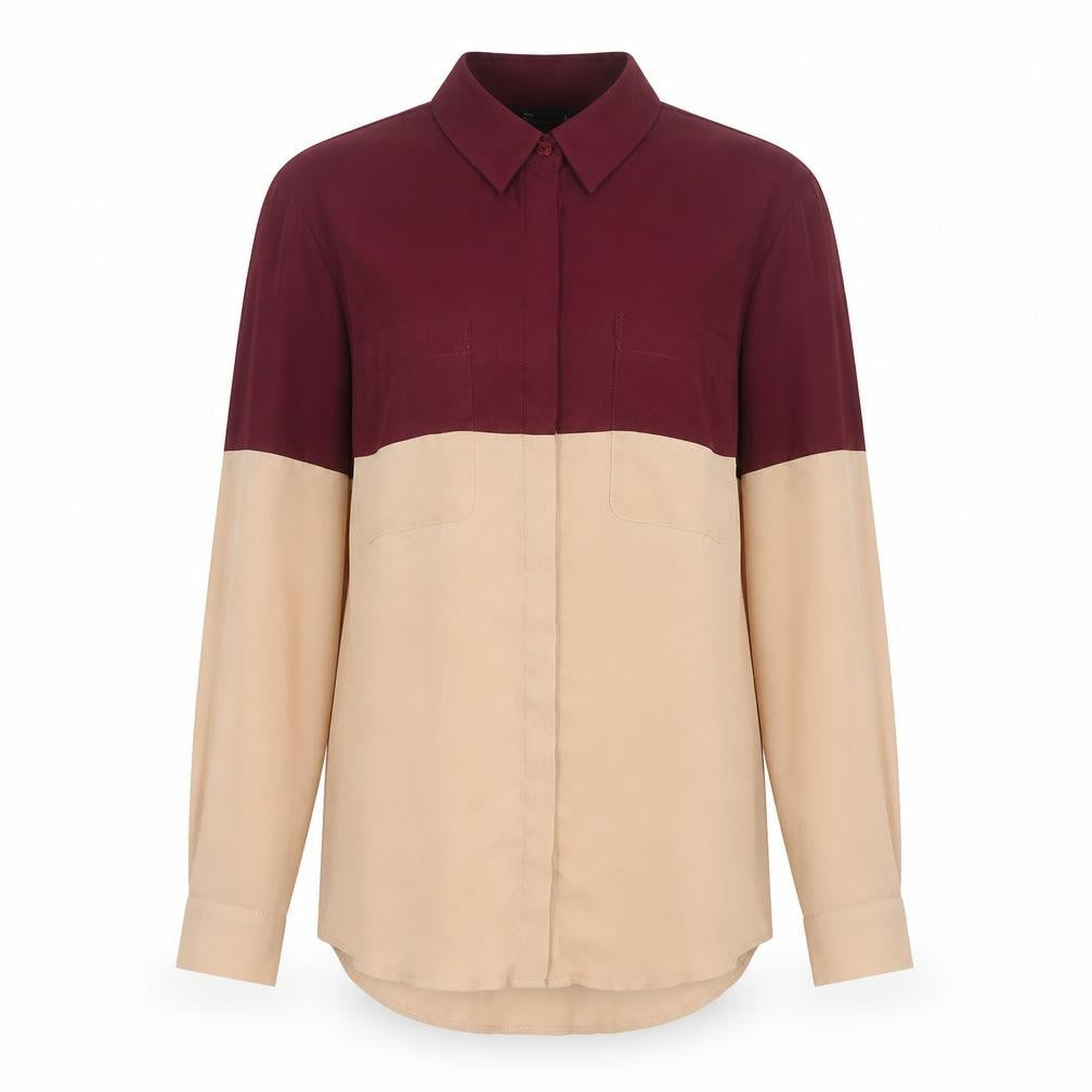 Front view of ASOS DESIGN Women’s Colourblock Beige Red Button-Up Shirt UK 6