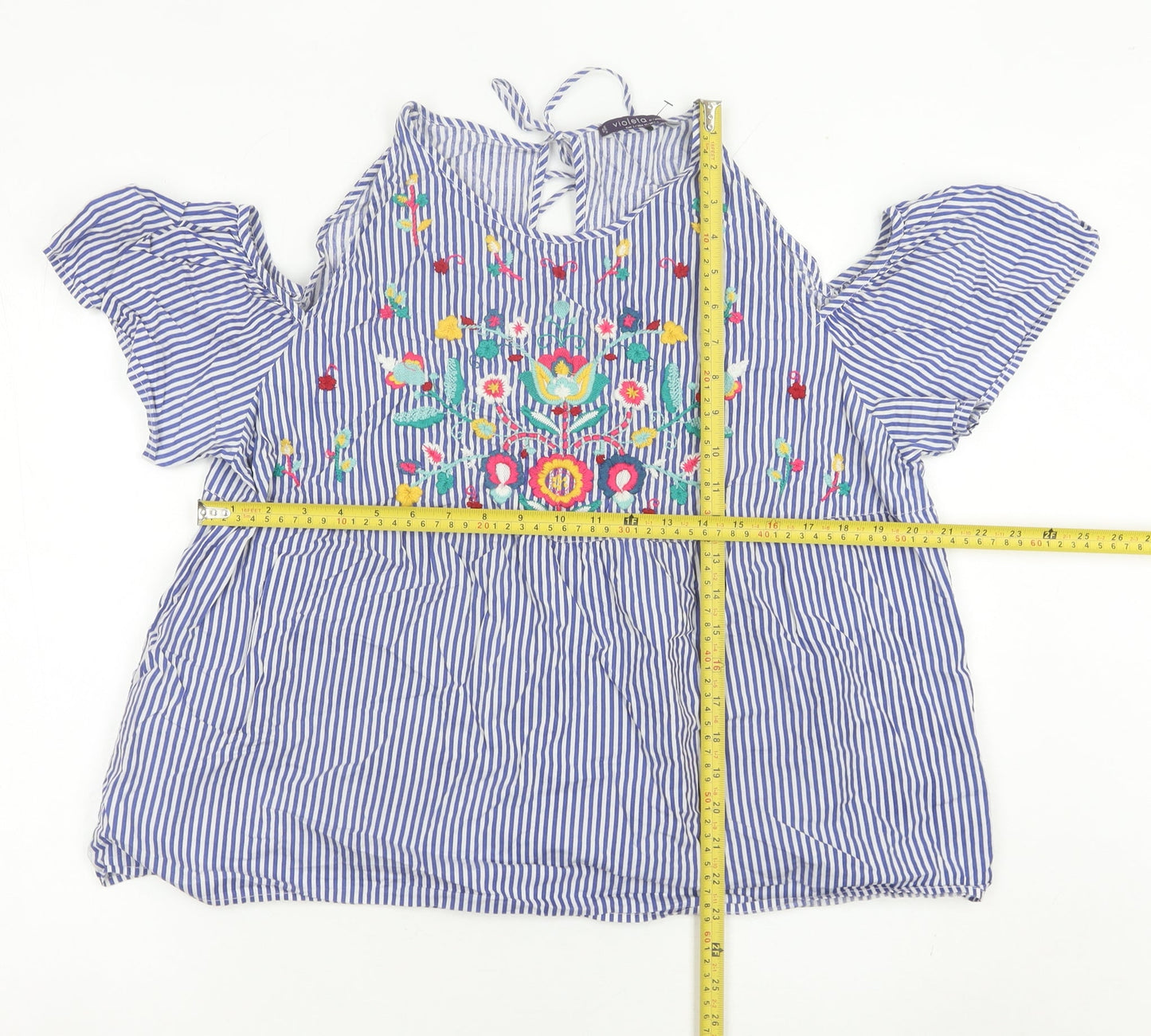 Mango Women’s Blue Embroidered Floral Stripe Blouse Size 14