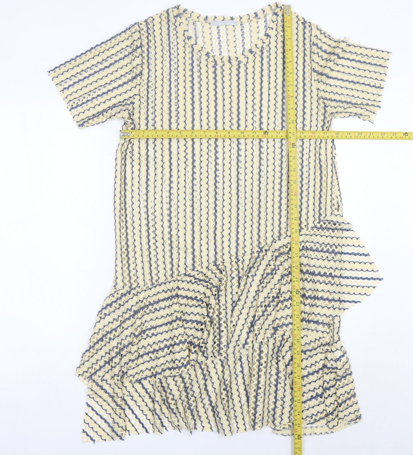 Zara Women Beige Blue Striped Shift Knee Length Dress Size 8