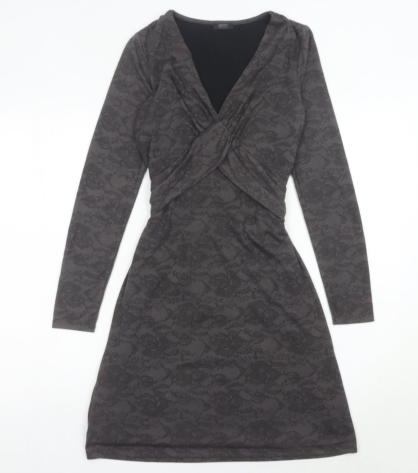 Esprit Women’s Grey XS Wrap Dress Long Sleeve Floral Belted
