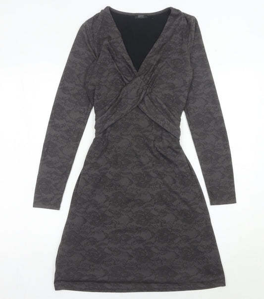 Esprit Women’s Grey XS Wrap Dress Long Sleeve Floral Belted