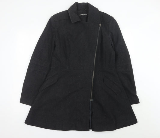 Warehouse Women’s Black Wool Blend Zip Coat Size 14 Mid-Length