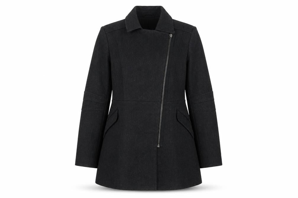 Warehouse Women’s Black Wool Blend Zip Coat Size 14 Mid-Length