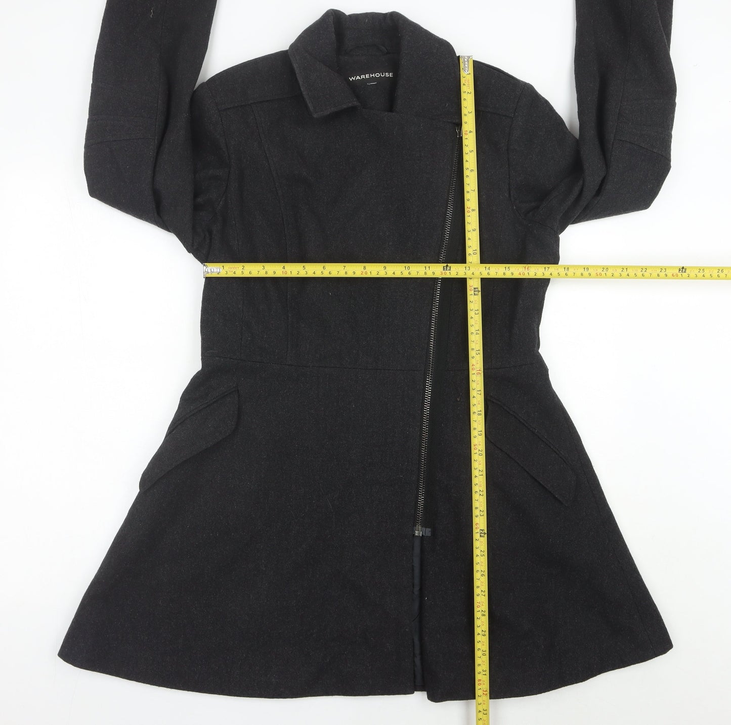 Warehouse Women’s Black Wool Blend Zip Coat Size 14 Mid-Length