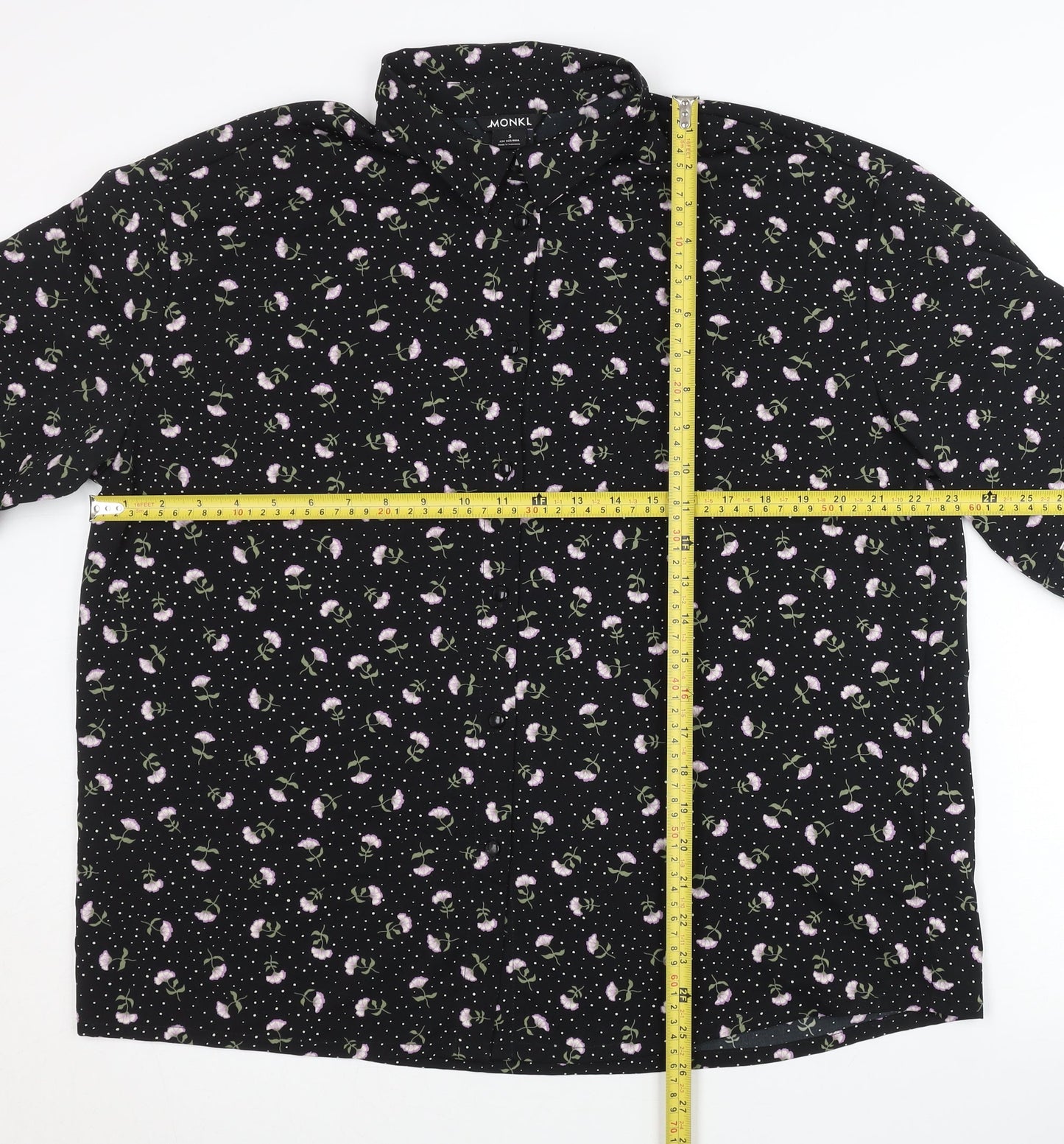 Monki Womens Black Floral Button-Up Shirt Size S Short Sleeve